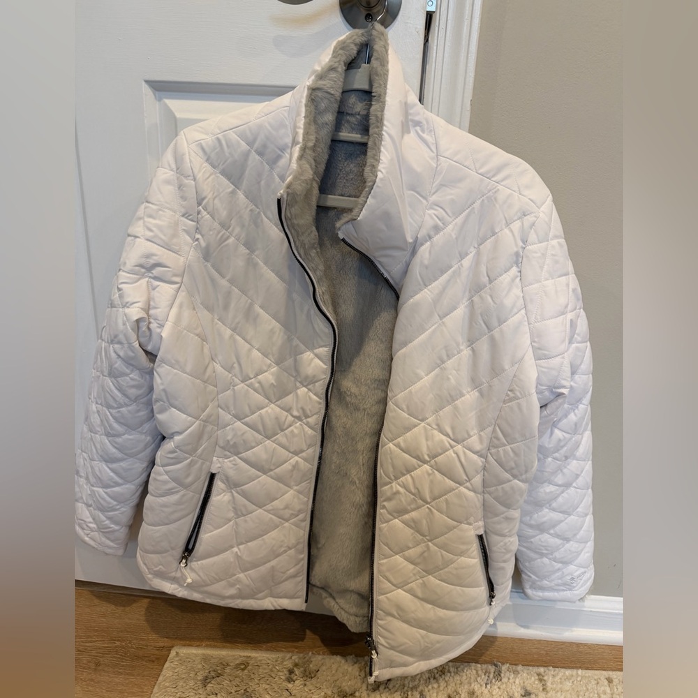 Free Country Women’s Down & Feather Puffer Jacket White Size Large Snap Pockets